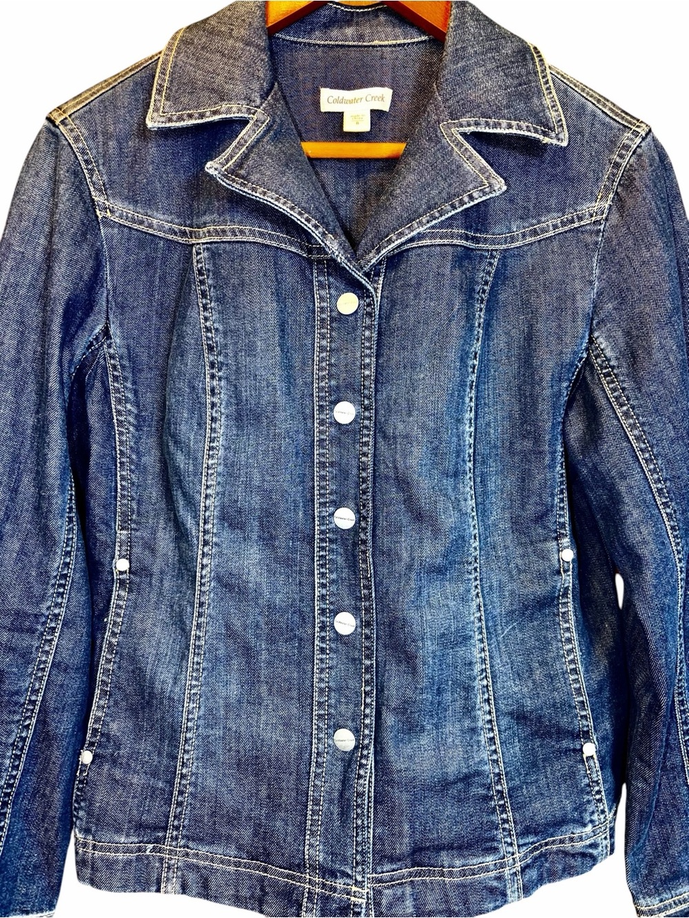 Denim Jacket Stretch Snaps Feminine Jeans Coldwater Creek 8 M - Picture 2 of 5